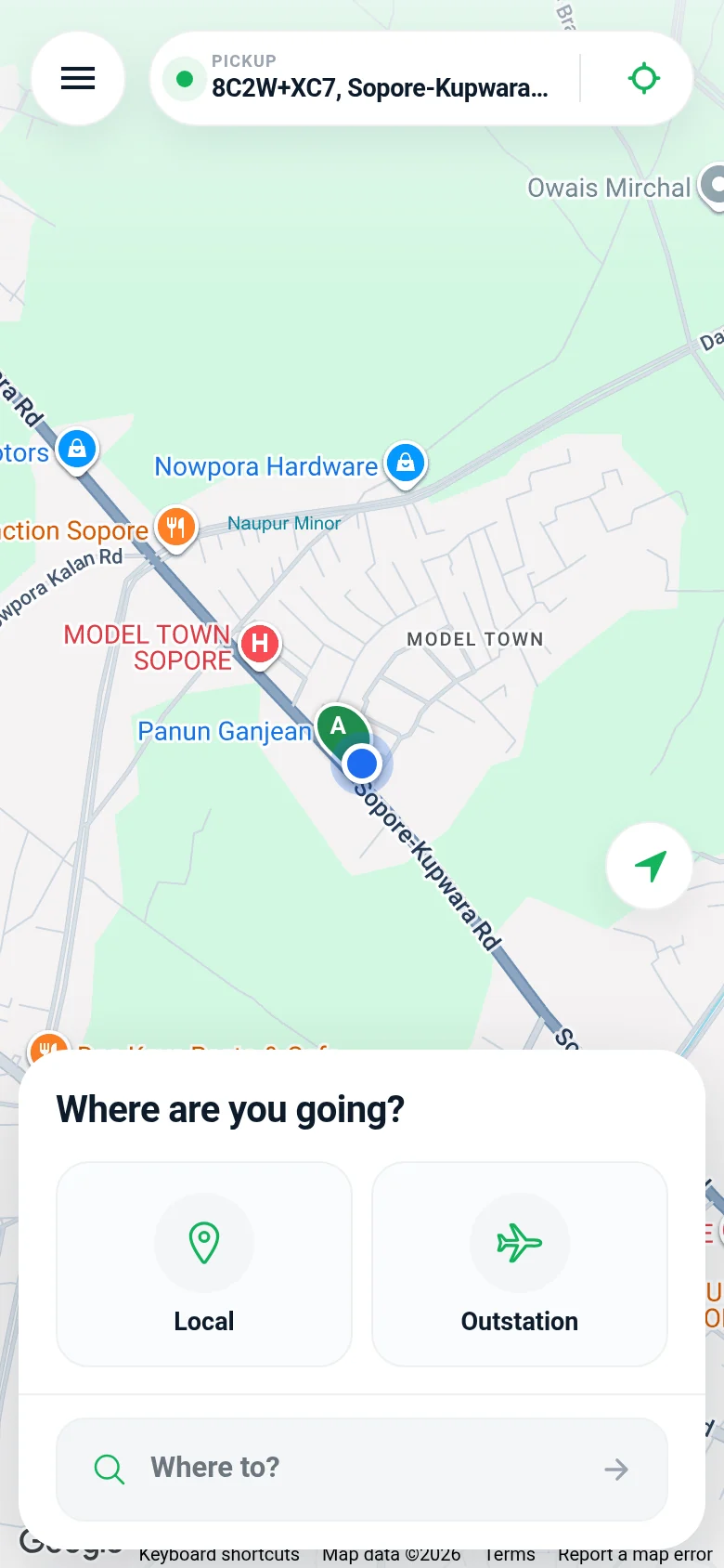 DreamCabs customer app — choosing a fixed route from the Sopore pickup point
