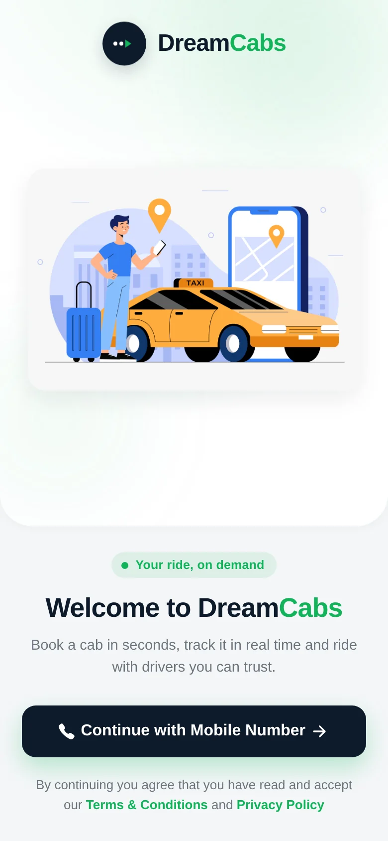 DreamCabs customer app — welcome screen