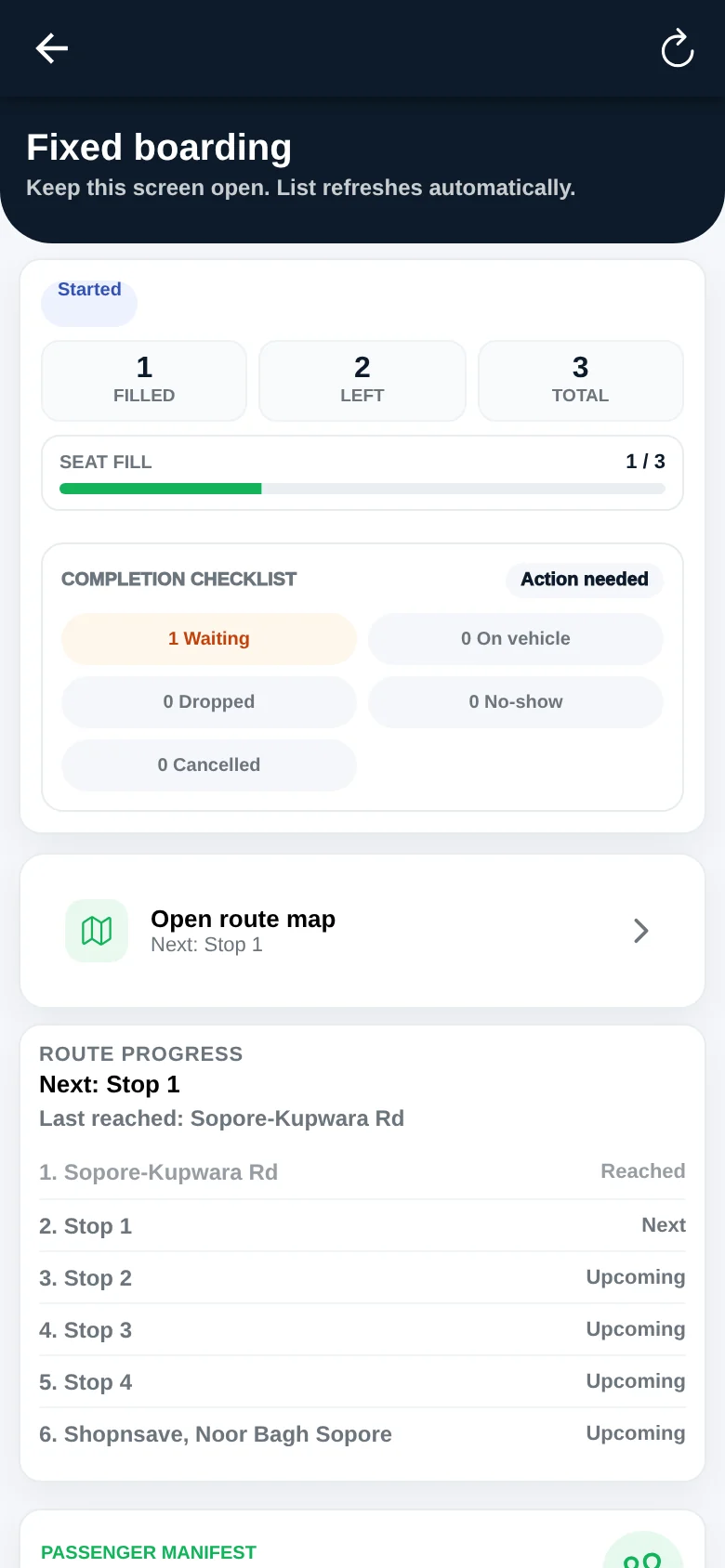 DreamCabs driver app — fixed-route boarding console