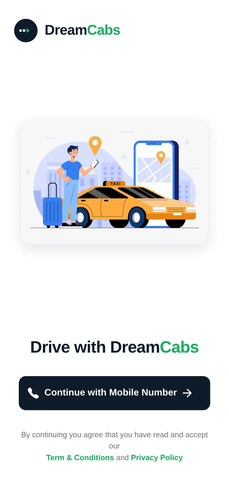 DreamCabs driver app — welcome screen